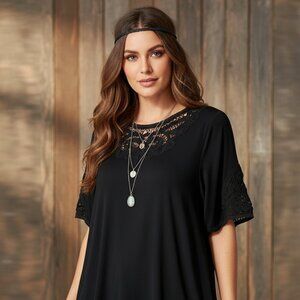 Motto‎ L Womens Black Lace Crochet Knit Top SS Boho Cottage Hippie Casual Chic